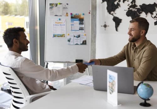 Study abroad visa filing and interview preparation at a travel agency office